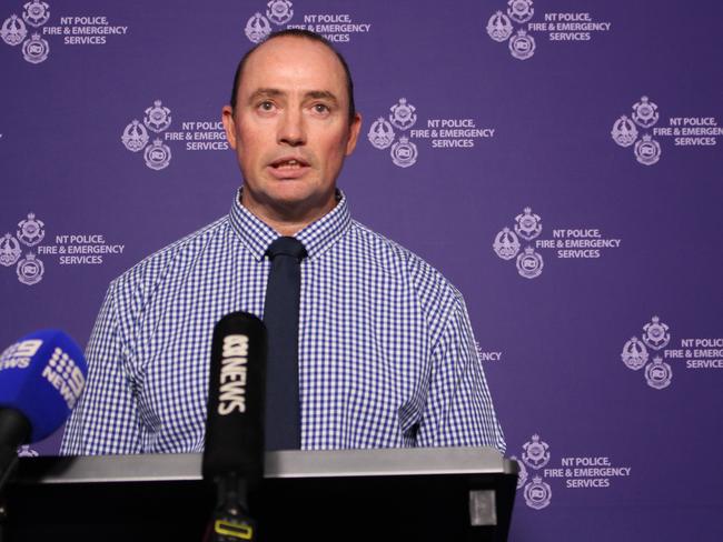 Detective Senior Sergeant Jon Beer from NT Police's major crime squad speaks with the media after a 43-year-old woman was found deceased in Malak on Wednesday morning. Picture: Jason Walls