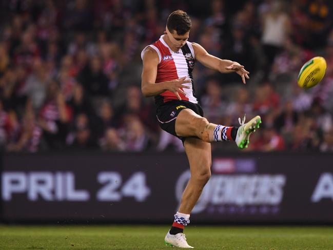 Rowan Marshall of the Saints is seen in action during the Round 4 AFL match between the St Kilda Saints and the Hawthorn Hawks at Marvel Stadium in Melbourne, Sunday, April 14, 2019. (AAP Image/Julian Smith) NO ARCHIVING, EDITORIAL USE ONLY