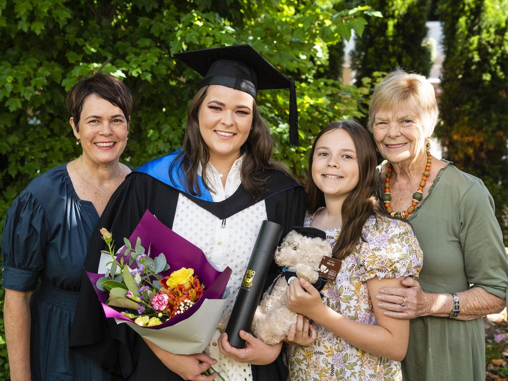 Bachelor of Paramedicine graduate Phoebe Cochran with family (from left) Toni Cochran, Ruby Orchard and Lyn England at the UniSQ graduation ceremony at Empire Theatres, Wednesday, December 14, 2022.