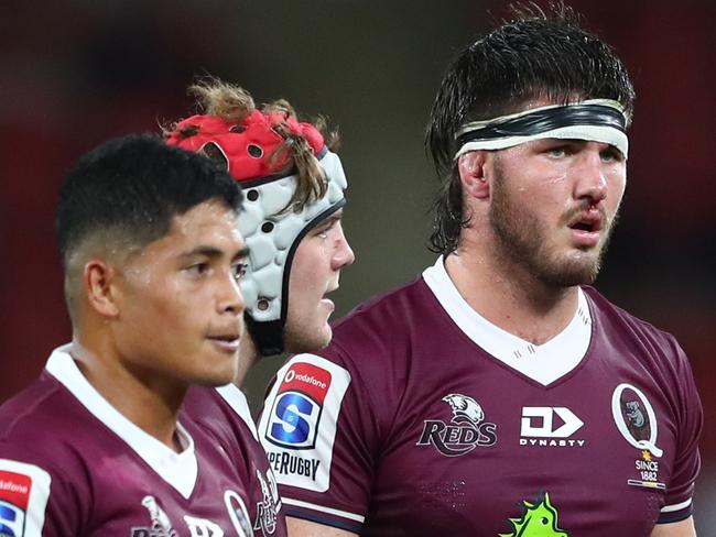 BRISBANE, AUSTRALIA - FEBRUARY 29: Reds look on during the round five Super Rugby match between the Reds and the Sharks at Suncorp Stadium on February 29, 2020 in Brisbane, Australia. (Photo by Chris Hyde/Getty Images)