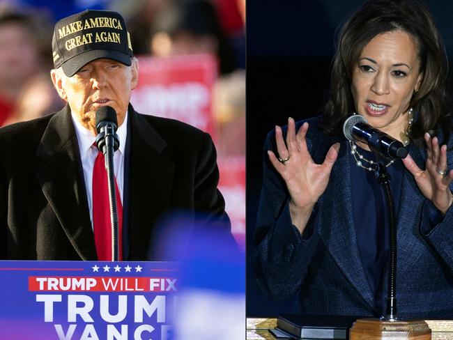 (COMBO) This combination of pictures created on November 03, 2024 shows, L-R, former US President Republican presidential candidate Donald Trump speaking during a campaign rally in Kinston, North Carolina, on November 3, 2024 and US Vice President and Democratic presidential nominee Kamala Harris speaking during a service at Greater Emmanuel Institutional Church of God in Christ in Detroit, Michigan, on November 3, 2024. (Photo by Ryan M. Kelly and ROBERTO SCHMIDT / AFP)