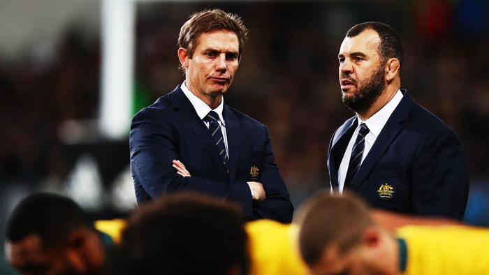DUNEDIN, NEW ZEALAND - AUGUST 26: Assistant coach Stephen Larkham and head coach Michael Cheka of the Wallabies ahead of The Rugby Championship Bledisloe Cup match between the New Zealand All Blacks and the Australia Wallabies at Forsyth Barr Stadium on August 26, 2017 in Dunedin, New Zealand. (Photo by Hannah Peters/Getty Images)