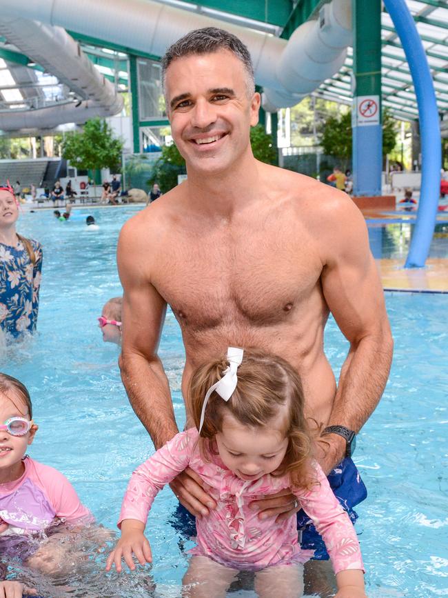 Peter Malinauskas with his daughter Eliza at the Adelaide Aquatic Centre in North Adelaide. Picture: Brenton Edwards