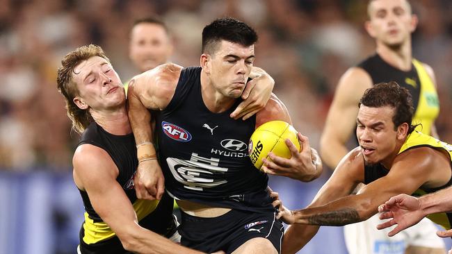 Matthew Kennedy barges through the Tigers on Thursday night. Picture: Michael Klein