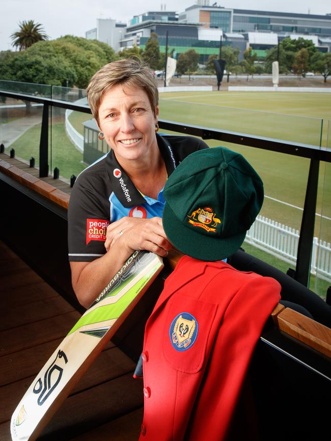 Andrea McCauley with some of her cricket memorabilia at the newly renovated Karen Rolton Oval in November 2018. Picture: Matt Turner