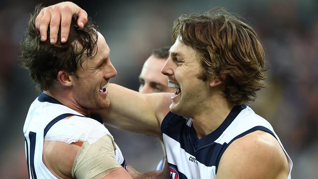 Jed Bews celebrates after scoring a goal against North Melbourne. Picture: Getty Images