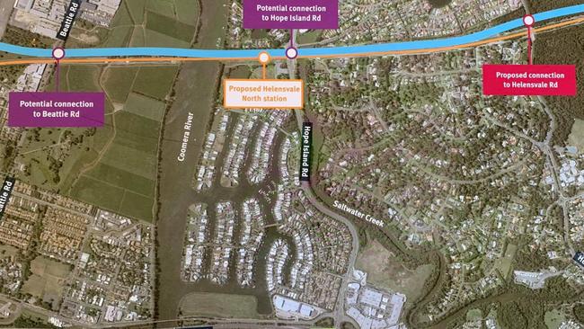 Map showing potential connection for the Hope Island Road link to the Coomera Connector.