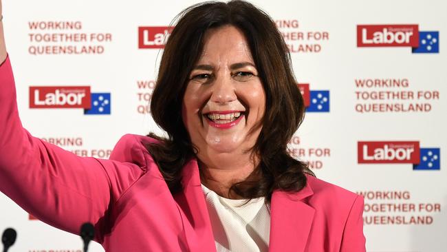 BRISBANE, AUSTRALIA - NewsWire Photos - OCTOBER 31, 2020.Queensland Premier Annastacia Palaszczuk waves as she celebrates her state election win during Labor's election night function at the Blue Fin Fishing Club in Inala. Picture: NCA NewsWire / Dan Peled