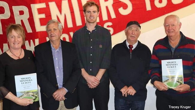 Editor Karen McIntyre, Colin Eales (Penshurst), David Astbury (Tatyoon), Jim Jenkinson (Glenthompson) and author Kel Murray at the launch of “Mighty Mininera League” book. Picture: Supplied