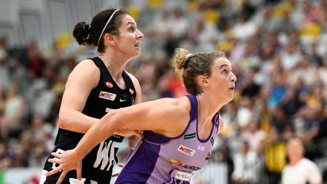 Gabi Simpson of the Firebirds competes for the ball against Ash Brazill of the Magpies during the 2023 Team Girls Cup match at Gold Coast Sports and Leisure Centre on February 26. Picture: Matt Roberts/Getty Images