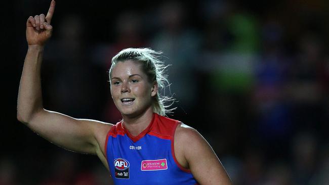 Katie Brennan celebrates a goal for the Western Bulldogs. Picture: Michael Klein