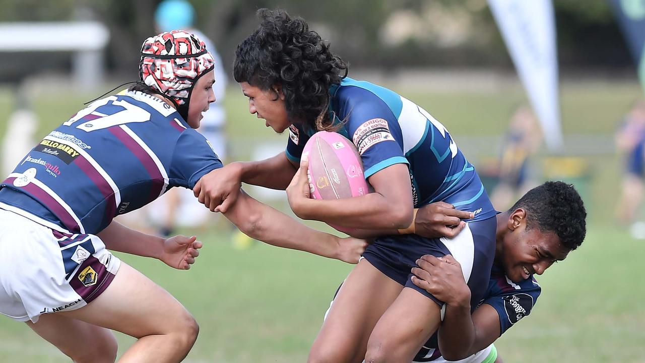 RUGBY LEAGUE: Justin Hodges and Chris Flannery 9s Gala Day. Mountain Creek State High (white shorts) V Morayfield State High, year 10. Picture: Patrick Woods.