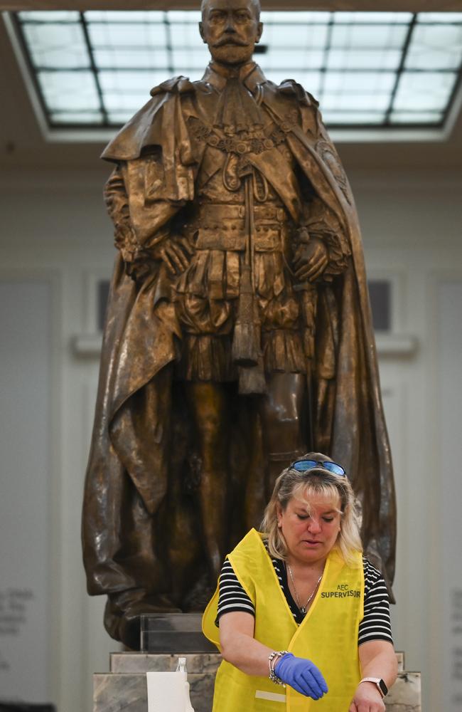 A statue of King George V oversees voting at the Museum of Australian Democracy at Old Parliament House in Canberra. Picture: Martin Ollman/NCA Newswire