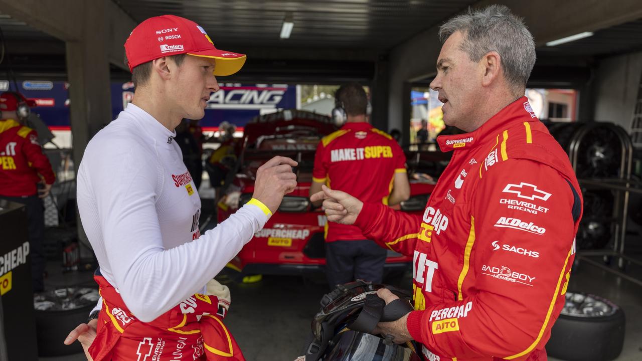 Cooper Murray chats with Craig Lowndes, who he will race with in the Supercars endurance races in a Triple Eight wildcard. Picture: Supplied.