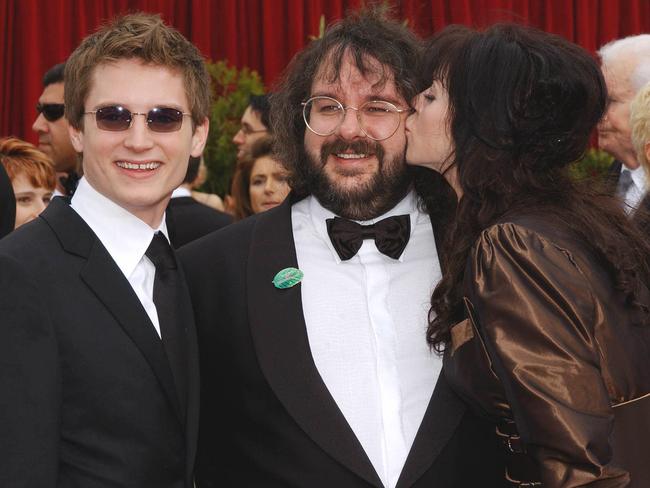 Peter Jackson with his wife Fran (R) and actor Elijah Wood at the 74th Annual Academy Awards in 2002. Picture: Supplied