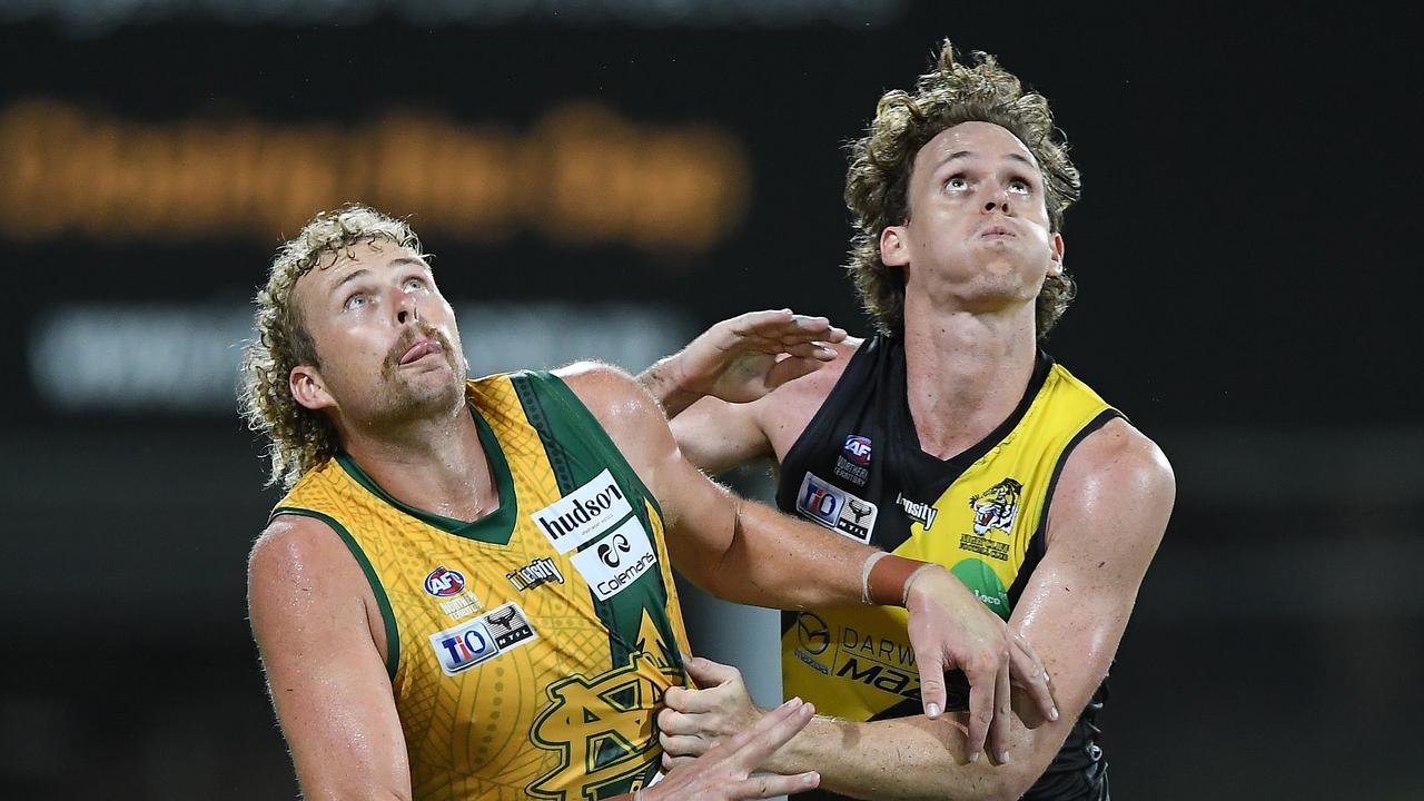 Nightcliff Tigers' defender Ryan Nyhuis against St Mary's Jackson Calder. Picture: Felicity Elliott / AFLNT Media