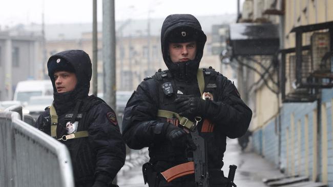 Russian police officers secure an area outside the Basmanny District Court in Moscow. Picture: AFP