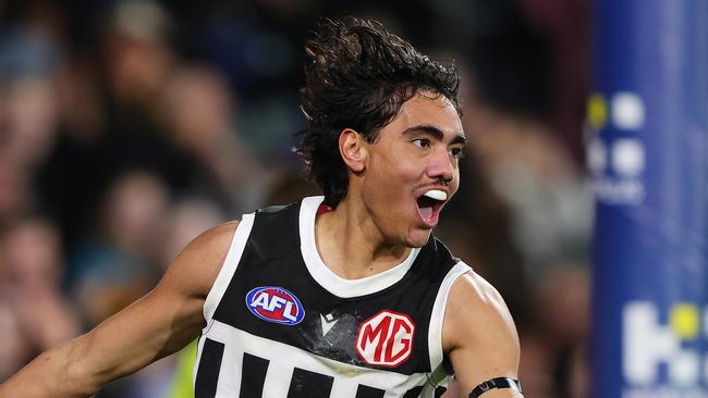 ADELAIDE, AUSTRALIA - AUG 17: Jase Burgoyne of the Power celebrates a goal during the 2024 AFL Round 23 match between the port Adelaide Power and the Adelaide Crows at Adelaide Oval on August 17, 2024 in Adelaide, Australia. (Photo by Sarah Reed/AFL Photos via Getty Images)