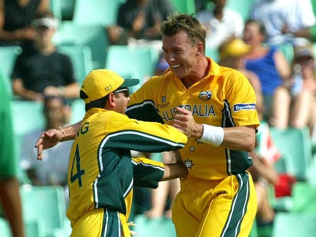 Brett Lee celebrates his hat-trick with Ricky Ponting in the 2003 Cricket World Cup.