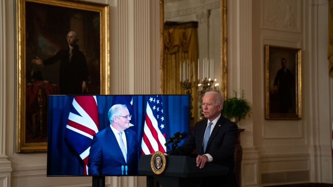 President Joe Biden delivers remarks about a national security initiative with Prime Minister Scott Morrison. Picture: Getty Images
