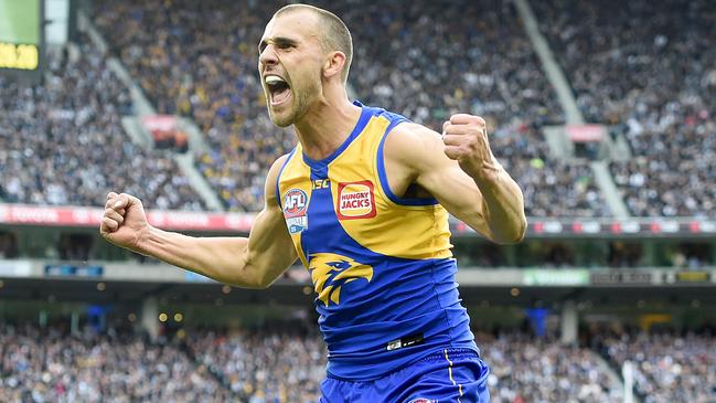 Dom Sheed celebrates his match-winning goal. Picture: Nicole Garmston