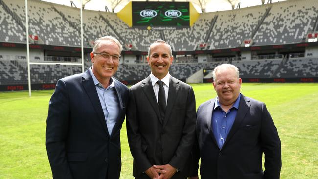 Foxtel CEO Patrick Delaney with NRL CEO Andrew Abdo and Fox Sports Executive Director Steve Crawley. Picture: Phil Hillyard