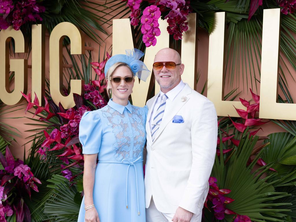 Zara Tindall, daughter of Princess Anne, looked stunning in a baby blue Rebecca Vallance frock as she attended the Magic Millions race day with her husband Mike Tindall. Picture: Luke Marsden