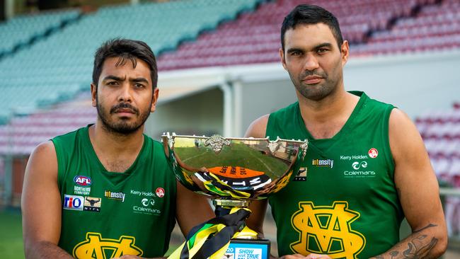 Shannon Rioli co-captained St Mary’s with Raphael Clarke to the 2019-20 NTFL grand final. Picture: Che Chorley