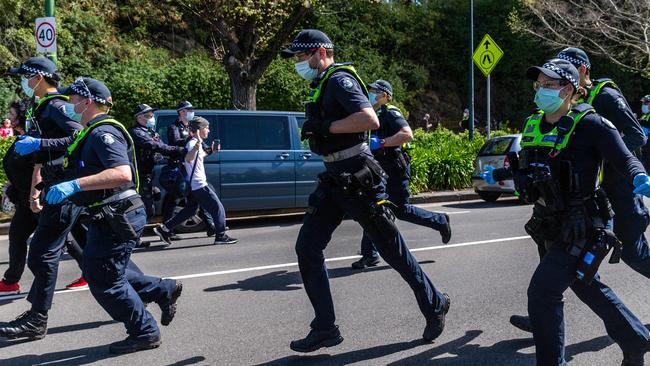 Police move in on protesters on Saturday afternoon. Picture: NCA NewsWire/Sarah Matray