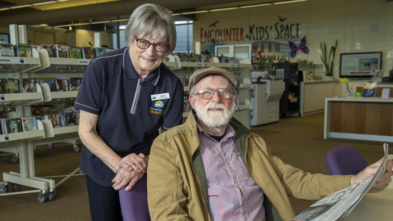 Retiree Jenny Crawford, pictured with husband Tony, volunteers at the Victor Harbor library. Picture: Mark Brake