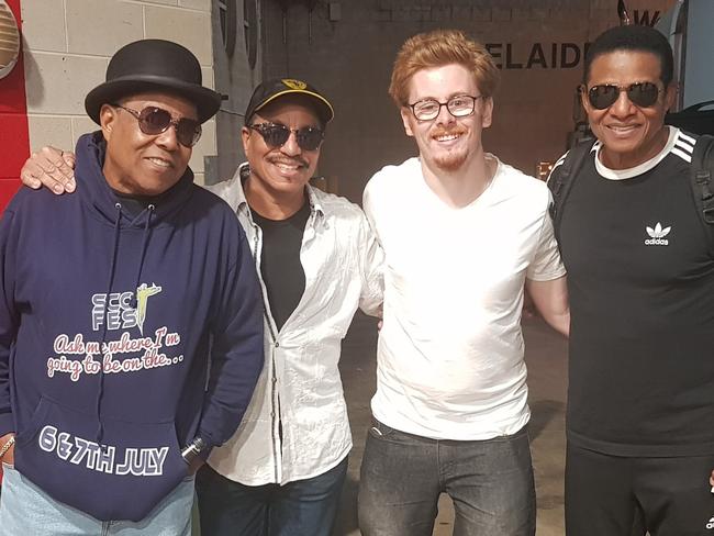 Fan Jordan McKenna with Michael Jackson's three brothers, members of original The Jackson Five. Jackie, Tito, Marlon in Adelaide for Summer Series concert at Adelaide Entertainment Centre, Saturday January 19