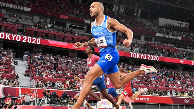 Italy's Lamont Marcell Jacobs wins the men's 100m final in Tokyo on Sunday night. Picture: AFP