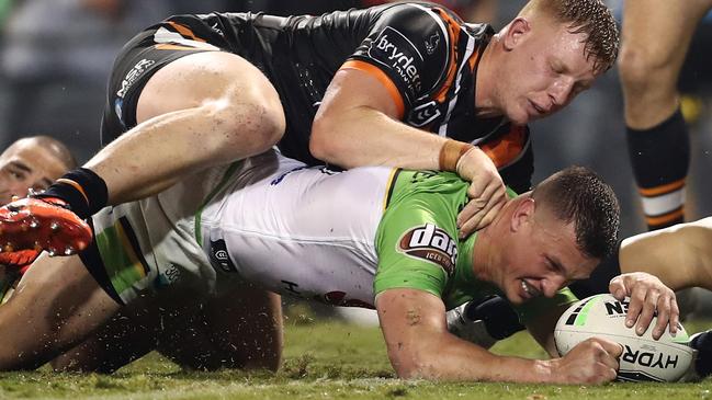 Jack Wighton coped an face injury early in the game, but was still too good for some sloppy Tigers defence. Picture: AAP.