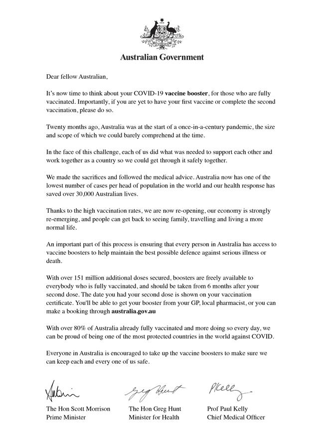 The letter Prime Minster Scott Morrison, Health Minister Greg Hunt, and Chief Medical Officer Prof Paul Kelly have sent to all Australian households. Picture: Supplied.