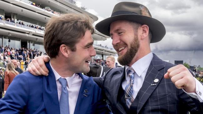 David Eustace (left) and Ciaron Maher celebrate their Melbourne Cup triumph with Gold Trip. Picture: Facebook