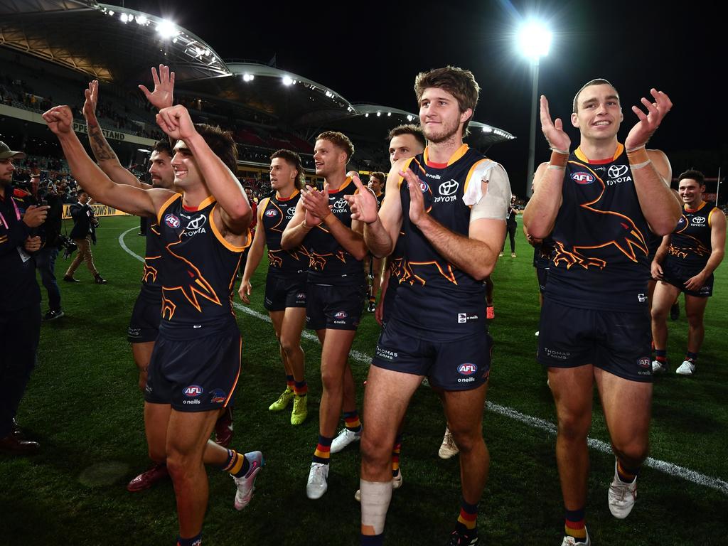 The Crows after their Gather Round victory last season. Picture: Mark Brake/Getty Images