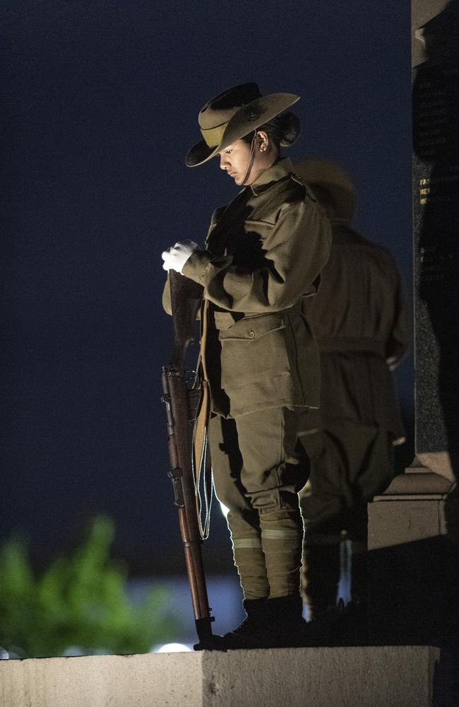 The Vigil is held by members of the Toowoomba Grammar School Honour Guard at the Mothers' Memorial, Thursday, April 25, 2024. Picture: Kevin Farmer