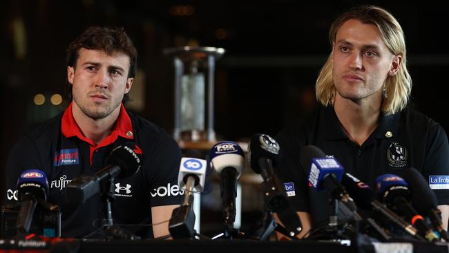 Essendon vice-captain Andrew McGrath and Collingwood captain Darcy Moore fronted the cameras on Wednesday ahead of the annual Anzac Day clash. Picture: Robert Cianflone / Getty Images