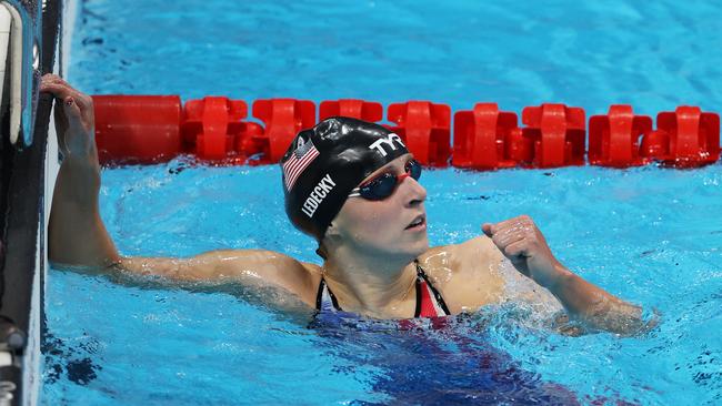 Katie Ledecky celebrates her 800m freestyle gold medal. Picture: Getty Images