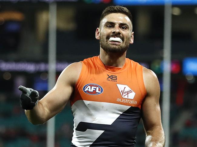 SYDNEY, AUSTRALIA - APRIL 27: Stephen Coniglio of the Giants celebrates a goal during the round 6 AFL match between the Sydney Swans and GWS Giants at Sydney Cricket Ground on April 27, 2019 in Sydney, Australia. (Photo by Ryan Pierse/Getty Images)