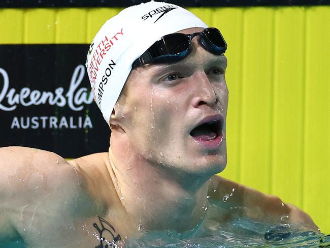 BRISBANE, AUSTRALIA - JUNE 15: Cody Simpson of Queensland reacts after competing in the MenÃ¢â¬â¢s 100m Butterfly Final during the 2024 Australian Swimming Trials at Brisbane Aquatic Centre on June 15, 2024 in Brisbane, Australia. (Photo by Quinn Rooney/Getty Images)