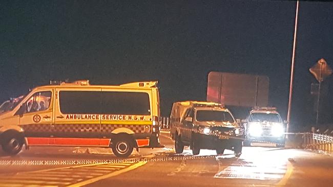 The scene on the Pacific Highway, at Bonville near Coffs Harbour, where police shot the 36-year-old accused of attacking Ms Jay. Picture Frank Redward