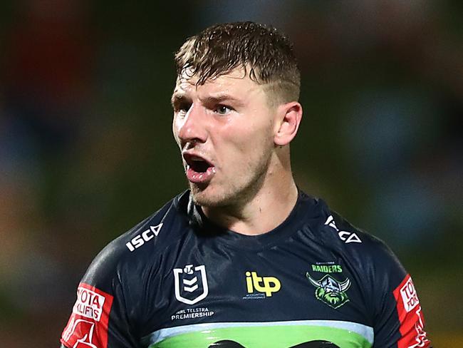 SYDNEY, AUSTRALIA - APRIL 03: George Williams of the Raiders reacts during the round four NRL match between the Gold Coast Titans and the Canberra Raiders at Netstrata Jubilee Stadium, on April 03, 2021, in Sydney, Australia. (Photo by Mark Metcalfe/Getty Images)