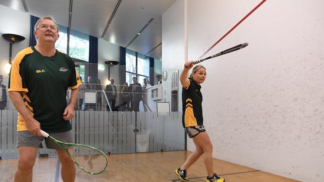 Anthony Albanese plays squash with Peta Murphy. Supplied