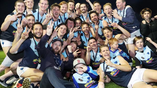 Southern Football League grand final 2019. Lindisfarne V Huonville at North Hobart Oval. Lindisfarne after their win. Picture: NIKKI DAVIS-JONES