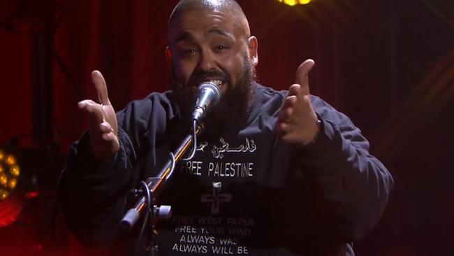 Australian singer Adrian Eagle appearing on Spicks and Specks in a ‘Free Palestine’ T-shirt. Picture: ABC