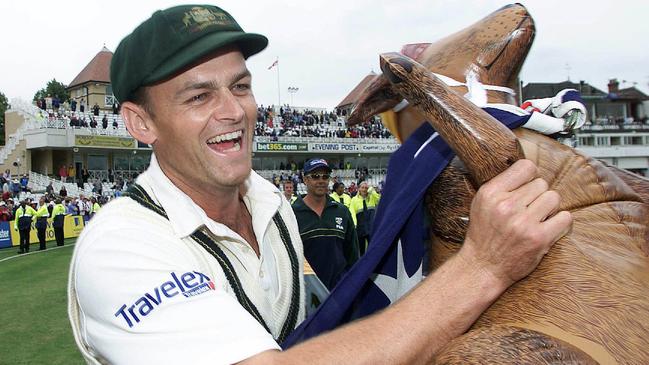 Adam Gilchrist celebrates Australia’s 2001 Ashes victory at Trent Bridge. Picture: Brett Costello