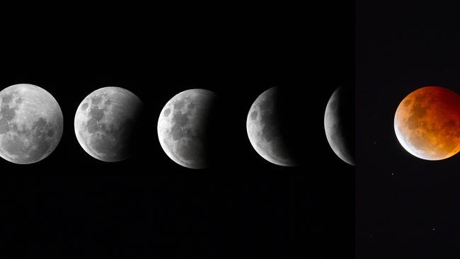 BRISBANE, AUSTRALIA - NewsWire Photos - MAY 25, 2021. A composite image showing the progression of a total lunar eclipse, also known as blood moon, seen from Mount Coot-tha in Brisbane. Picture: NCA NewsWire / Dan Peled