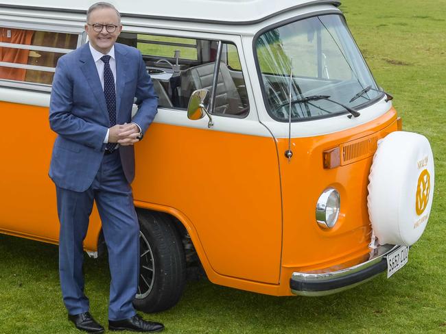 Friday 13th October 2023 Prime Minister Anthony Albanese With Voice Van at Glenelg.Pic Roy VanDerVegt