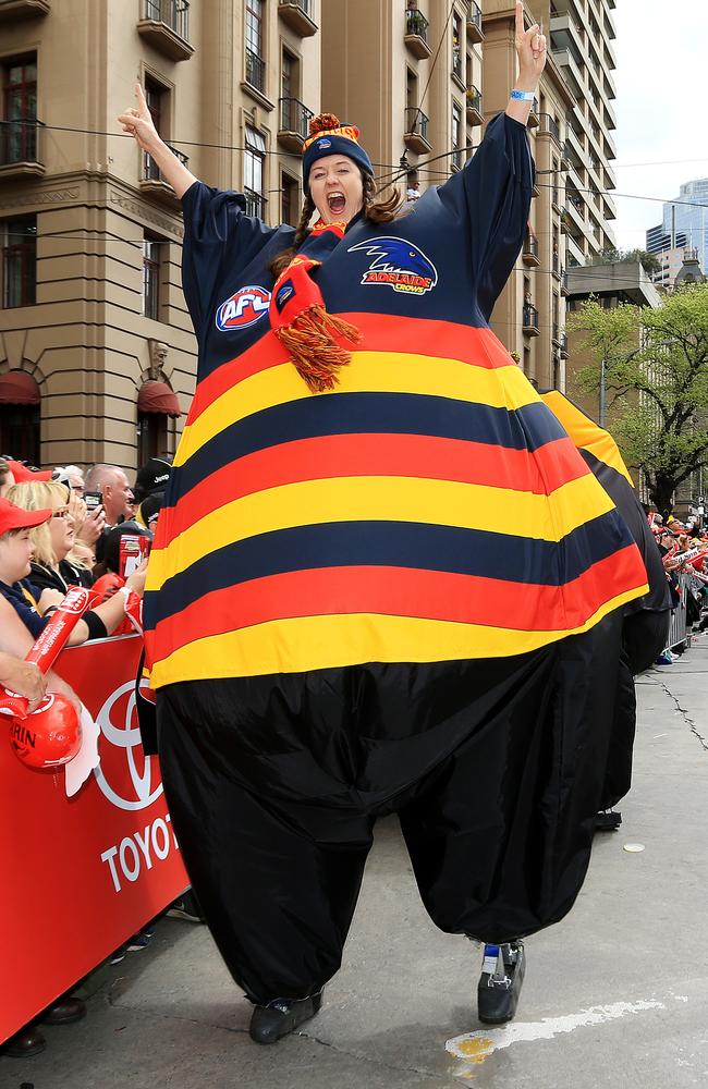 A Crows fan makes a big statement at the AFL Grand Final parade. Picture: Mark Stewart